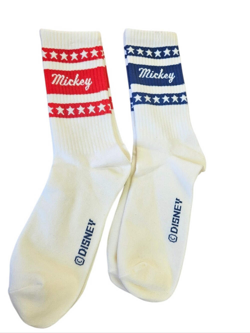 Disney Mickey Mouse Crew Socks with Red & Blue Stripe Star Accents Retro NEW